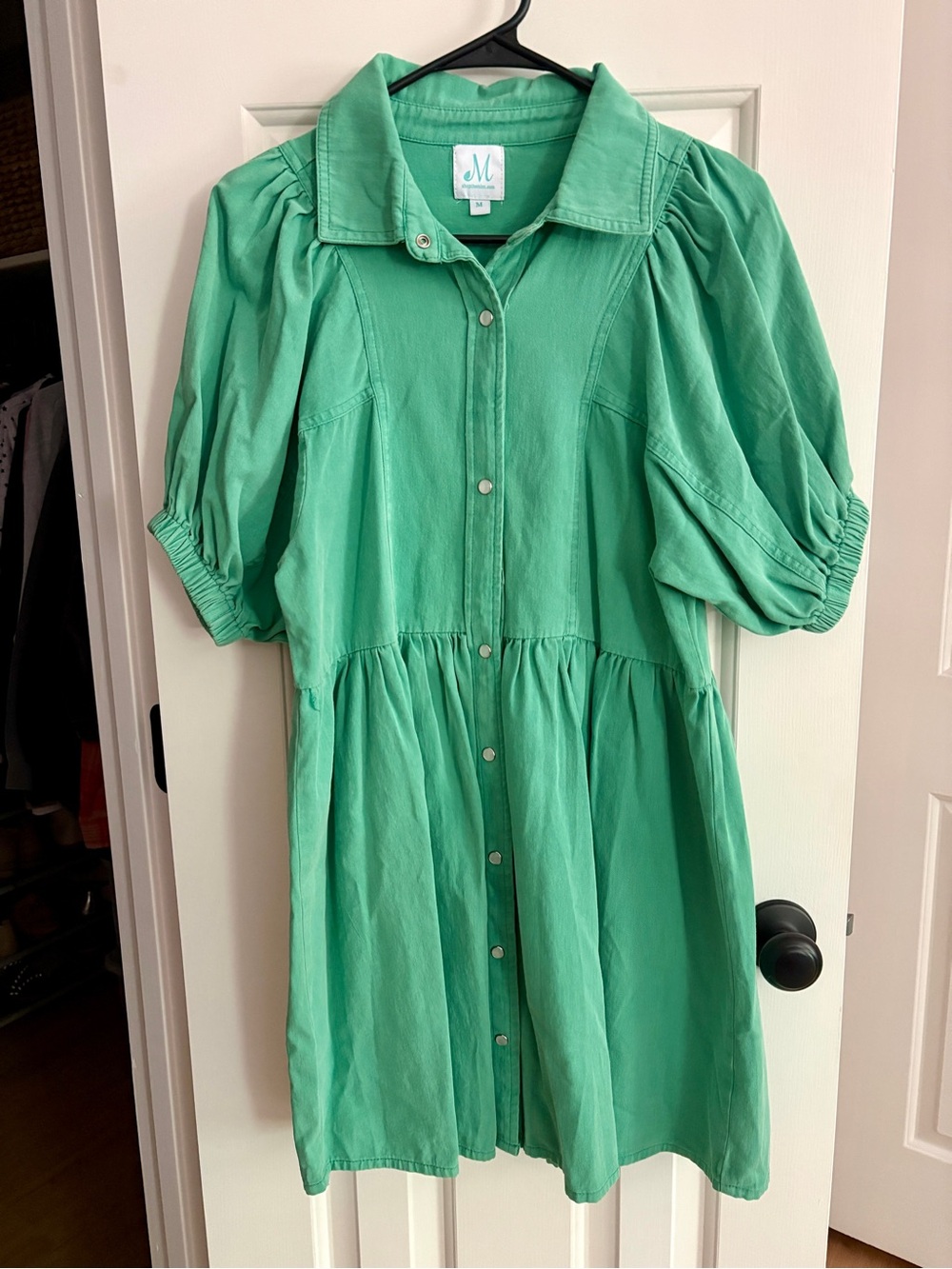 Like NEW Shop The Mint Soft Green Denim Button-Front Puff Sleeve Dress Size M